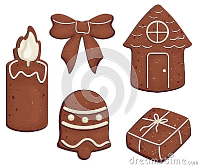 Set of gingerbread with icing patterns, candle, bell, house, bow, gift Cartoon Illustration